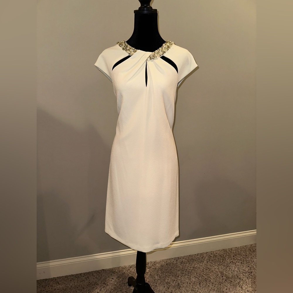 Eliza J Crepe Cream Dress with Jeweled Neckline